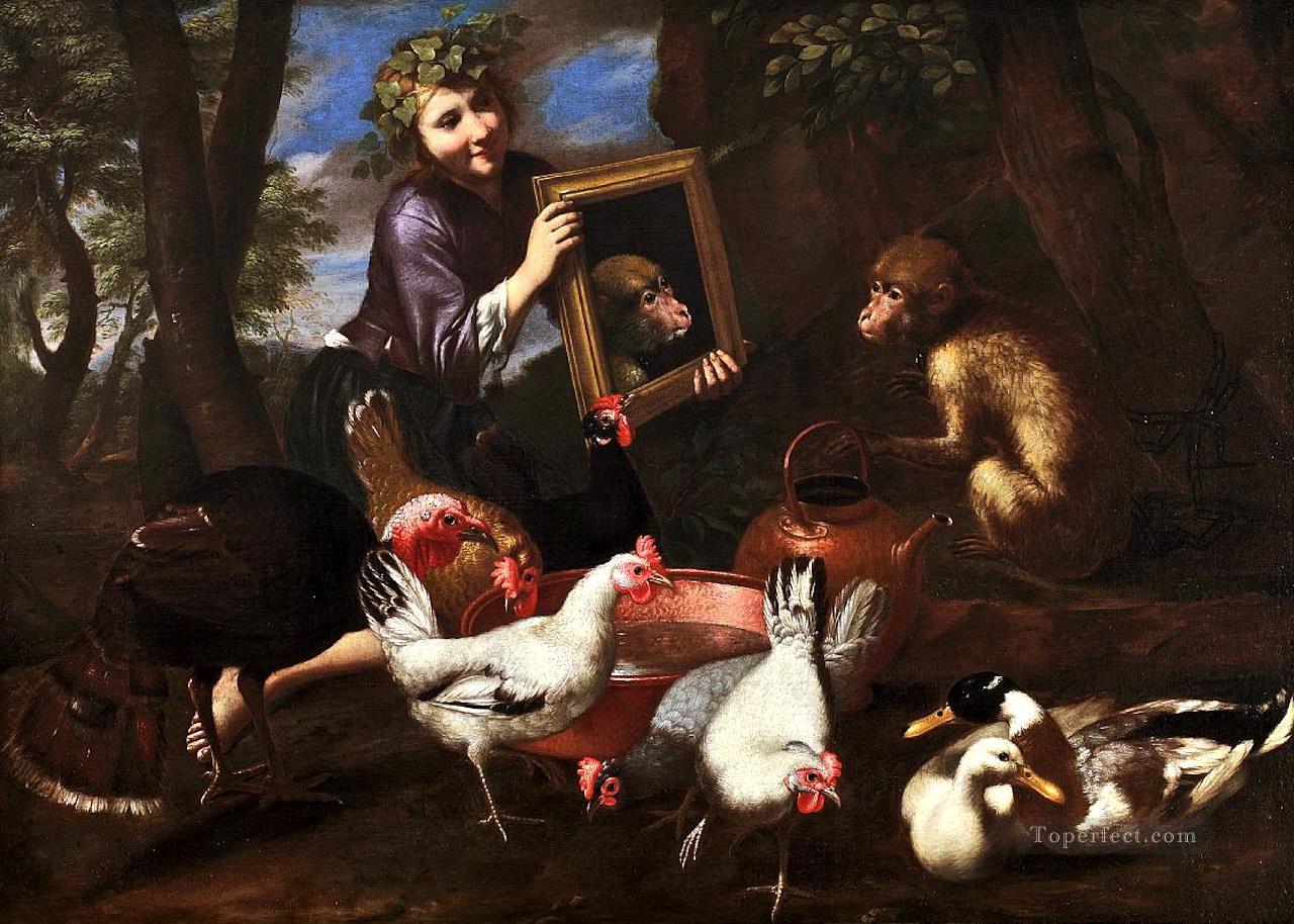 猿を見る鏡油絵
